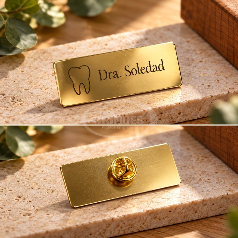 Pin rectangular dorado con grabado láser